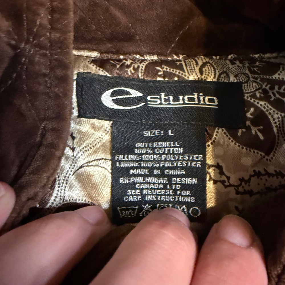 eStudio Brown Quilted Velvet Jacket Floral Stitched Mock Neck Paisley Lining L - Picture 2 of 4